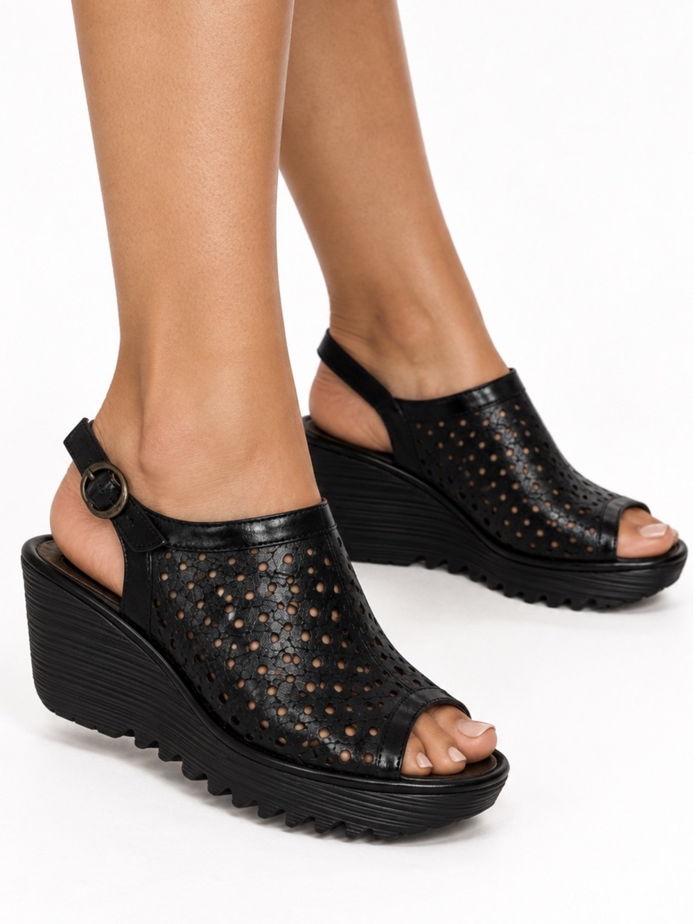 FLY LONDON Black Perforated Leather Slingback Wedge Buckle Sandals Size EU37